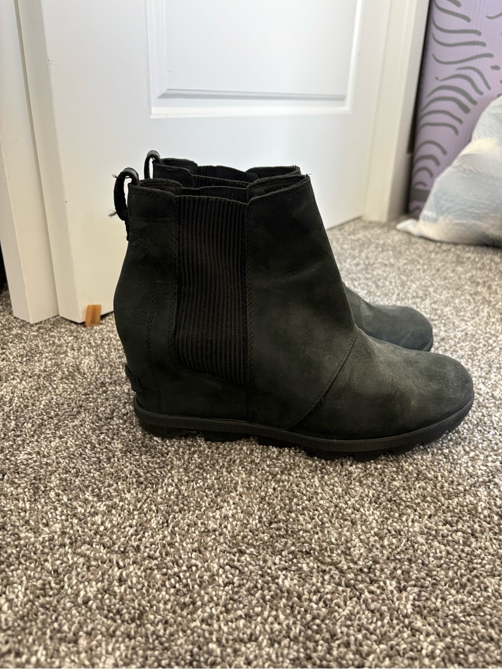 Sorel Black Suede Wedge Chelsea Ankle Boots